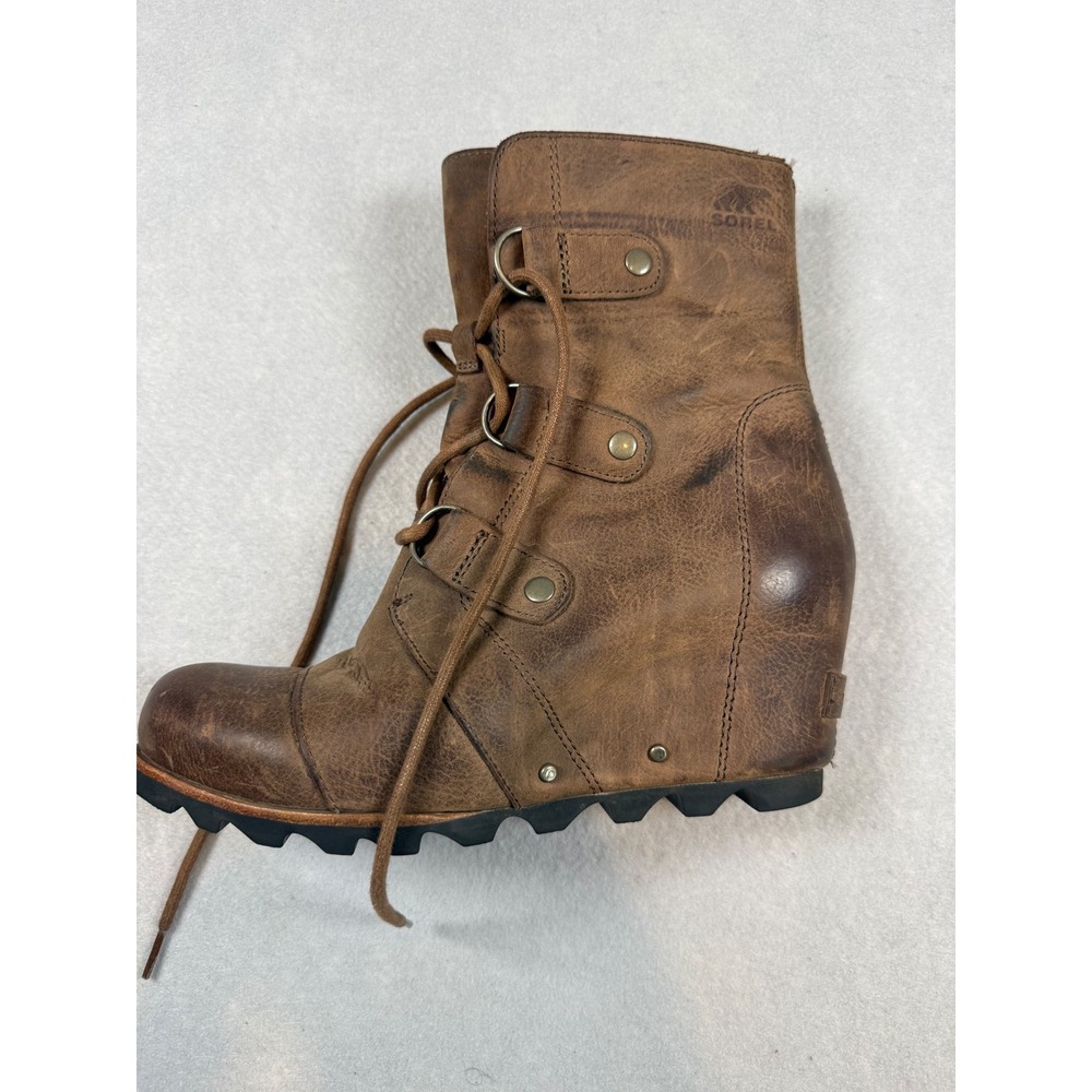 Sorel Lea Wedge Boots Brown Leather Lace Up Ankle Booties Lug Sole Womens - Picture 5 of 5